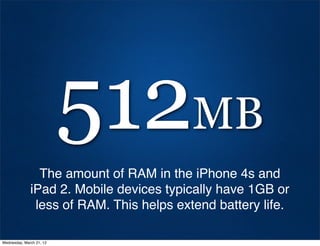 512MB
                The amount of RAM in the iPhone 4s and
              iPad 2. Mobile devices typically have 1GB or
               less of RAM. This helps extend battery life.

Wednesday, March 21, 12
 