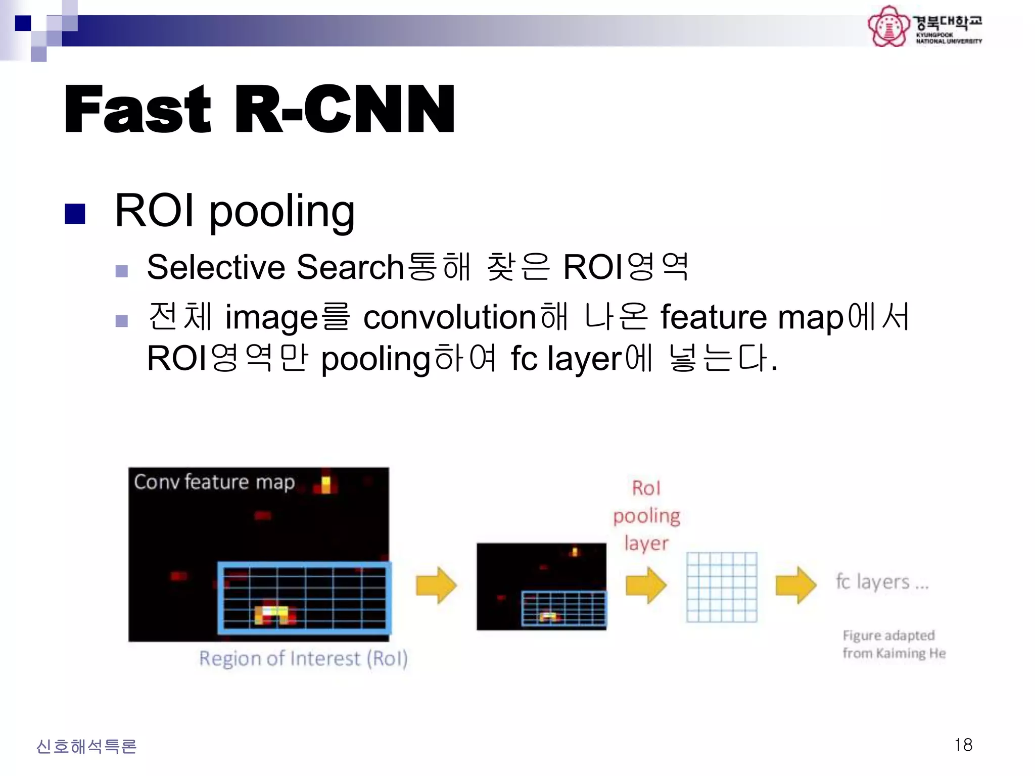 Fast R-CNN
 ROI pooling
 Selective Search통해 찾은 ROI영역
 전체 image를 convolution해 나온 feature map에서
ROI영역만 pooling하여 fc layer에 넣는다.
신호해석특론 18
 