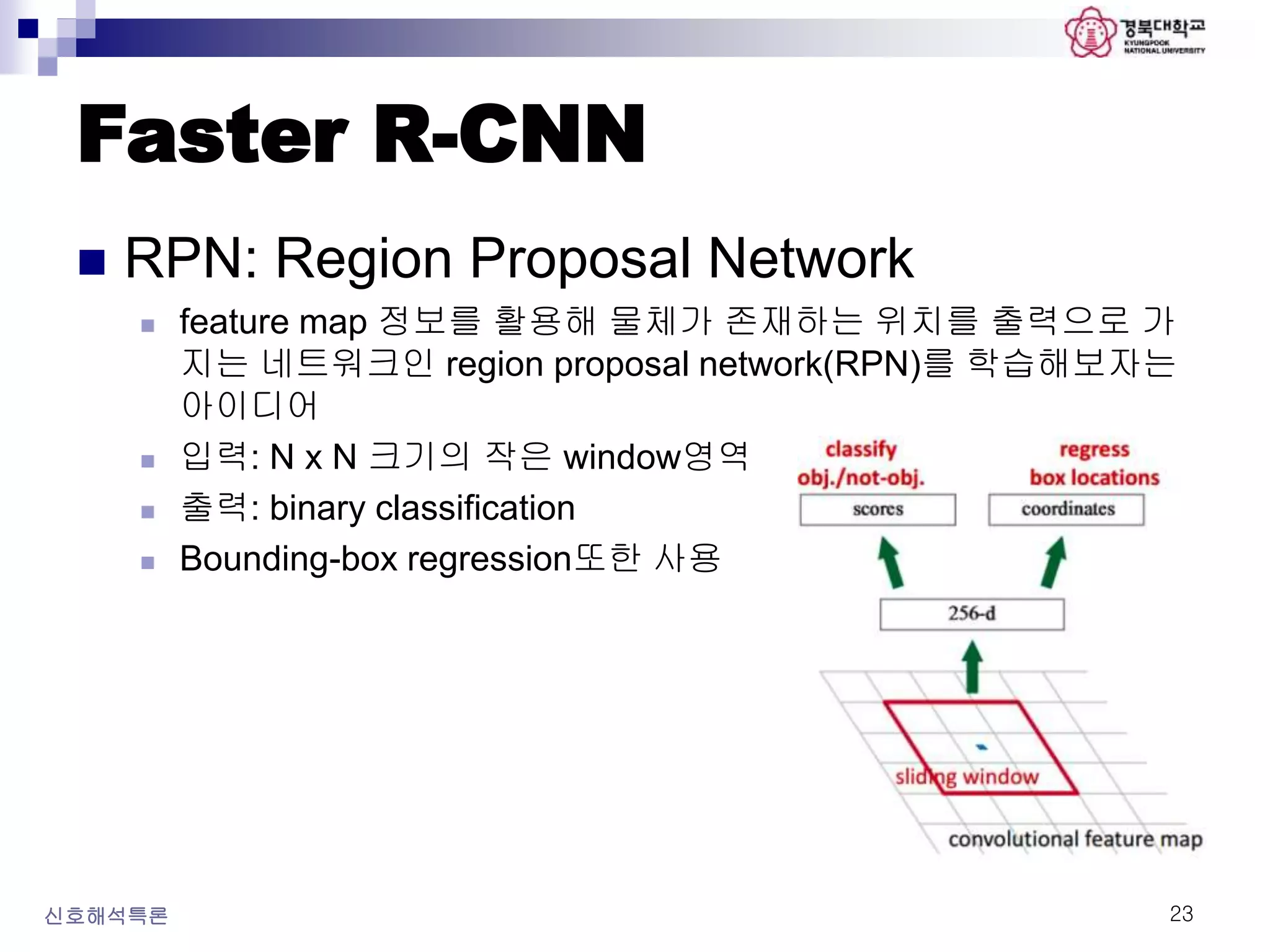 Faster R-CNN
 RPN: Region Proposal Network
 feature map 정보를 활용해 물체가 존재하는 위치를 출력으로 가
지는 네트워크인 region proposal network(RPN)를 학습해보자는
아이디어
 입력: N x N 크기의 작은 window영역
 출력: binary classification
 Bounding-box regression또한 사용
신호해석특론 23
 