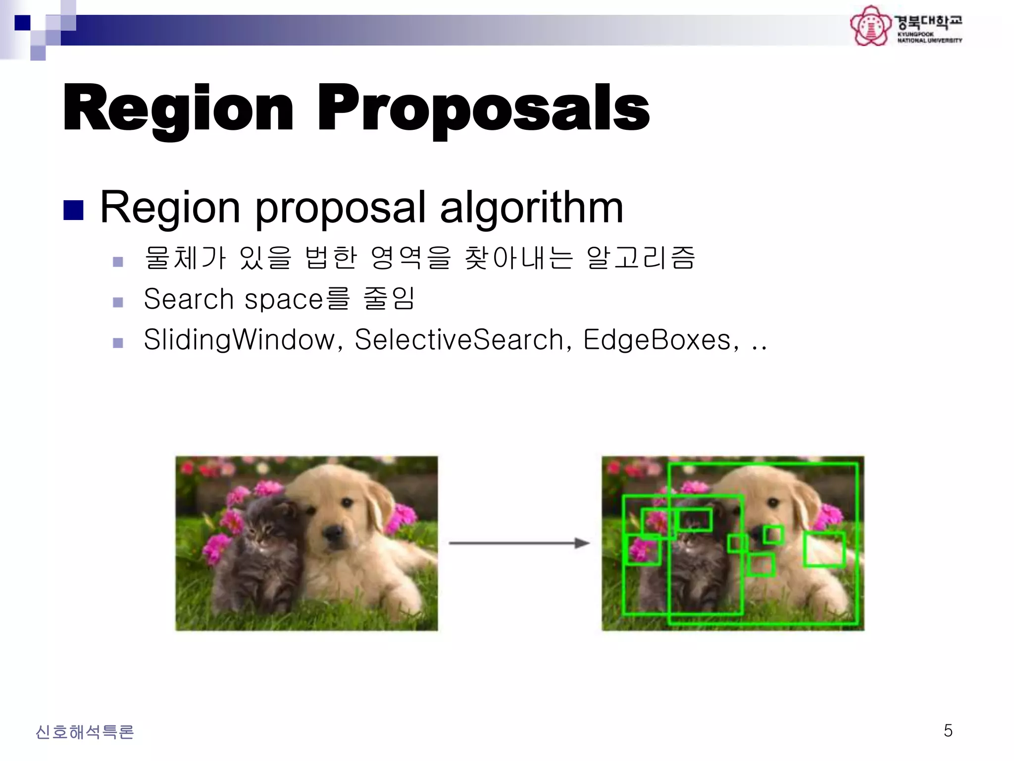 Region Proposals
 Region proposal algorithm
 물체가 있을 법한 영역을 찾아내는 알고리즘
 Search space를 줄임
 SlidingWindow, SelectiveSearch, EdgeBoxes, ..
신호해석특론 5
 