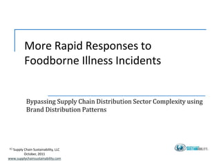 More Rapid Responses to
          Foodborne Illness Incidents


           Bypassing Supply Chain Distribution Sector Complexity using
           Brand Distribution Patterns




(C)
  Supply Chain Sustainability, LLC
         October, 2011
www.supplychainsustainability.com
 