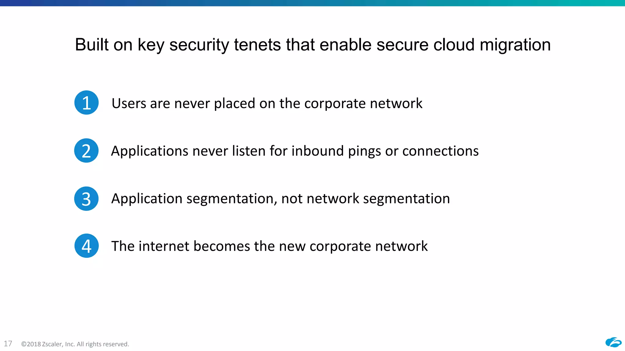 ©2018 Zscaler, Inc. All rights reserved.17
Built on key security tenets that enable secure cloud migration
1 Users are never placed on the corporate network
2 Applications never listen for inbound pings or connections
3 Application segmentation, not network segmentation
4 The internet becomes the new corporate network
 