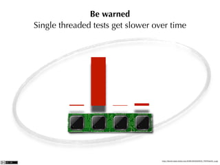 Be warned
Single threaded tests get slower over time


    100

     75

     50

     25

      0
          2007   2008   2009   2010




                                      http://farm5.static.ﬂickr.com/4096/4819945812_735744e0fc_z.jpg
 