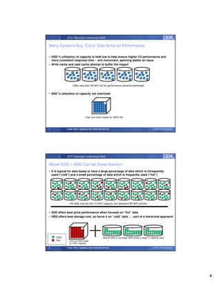 STG Technical Conferences 2009


Many Systems Buy “Extra” Disk Arms for Performance

• HDD % utilization of capacity is held low to help ensure higher I/O performance and
  more consistent response time - arm movement, spinning platter an issue
• Write cache and read cache attempt to buffer the impact




                   Often less than 30-50% full for performance sensitive workloads


• SSD % utilization of capacity not restricted




                                  Can run much closer to 100% full



7            Faster Than a Speeding Disk (Solid State Drives)                                           © 2009 IBM Corporation




             STG Technical Conferences 2009


Mixed SSD + HDD Can be Great Solution
• It is typical for data bases to have a large percentage of data which is infrequently
  used (“cold”) and a small percentage of data which is frequently used (“hot”)




               Hot data may be only 10-20% capacity, but represent 80-90% activity


• SSD offers best price performance when focused on “hot” data
• HDD offers best storage cost, so focus it on “cold” data …. sort of a hierarchal approach




     Cold                                             May be able to use larger HDD and/or a larger % capacity used
     Hot       Can run SSD closer
               to 100% capacity
8            Faster Than a Speeding Disk (Solid State Drives)                                           © 2009 IBM Corporation




                                                                                                                                 4
 