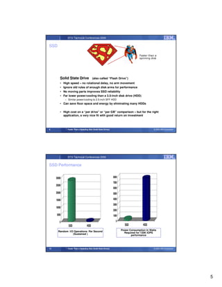 STG Technical Conferences 2009


SSD

                                                                                       Faster than a
                                                                                       spinning disk




         Solid State Drive                  (also called “Flash Drive”)
         •   High speed – no rotational delay, no arm movement
         •   Ignore old rules of enough disk arms for performance
         •   No moving parts improves SSD reliability
         •   Far lower power/cooling than a 3.5-inch disk drive (HDD)
              – Similar power/cooling to 2.5-inch SFF HDD
         • Can save floor space and energy by eliminating many HDDs

         • High cost on a “per drive” or “per GB” comparison – but for the right
           application, a very nice fit with good return on investment



9               Faster Than a Speeding Disk (Solid State Drives)                                  © 2009 IBM Corporation




                STG Technical Conferences 2009


SSD Performance


     30000                                                         8000
                                                                   7000
     25000
                                                                   6000
     20000                                                         5000

     15000                                                         4000
                                                                   3000
     10000
                                                                   2000
     5000                                                          1000

        0                                                            0
                SSD                  HDD                                    SSD           HDD
                                                                          Power Consumption in Watts
       Random I/O Operations Per Second
                                                                            Required for 135K IOPS
                 (Sustained )                                                    performance




10              Faster Than a Speeding Disk (Solid State Drives)                                  © 2009 IBM Corporation




                                                                                                                           5
 