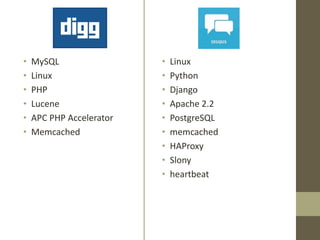 • MySQL
• Linux
• PHP
• Lucene
• APC PHP Accelerator
• Memcached
• Linux
• Python
• Django
• Apache 2.2
• PostgreSQL
• memcached
• HAProxy
• Slony
• heartbeat
 