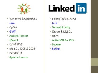 • Windows & OpenSUSE
• Java
• С/С++
• GWT
• Apache Tomcat
• JBoss 4
• LVS & IPVS
• MS SQL 2005 & 2008
• BerkleyDB
• Apache Lucene
• Solaris (x86, SPARC)
• Java
• Tomcat & Jetty
• Oracle & MySQL
• ORM
• ActiveMQ for JMS
• Lucene
• Spring
 
