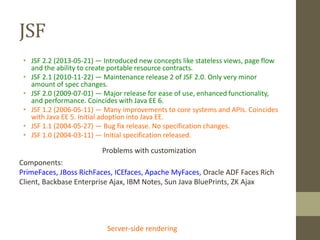 JSF
• JSF 2.2 (2013-05-21) — Introduced new concepts like stateless views, page flow
and the ability to create portable resource contracts.
• JSF 2.1 (2010-11-22) — Maintenance release 2 of JSF 2.0. Only very minor
amount of spec changes.
• JSF 2.0 (2009-07-01) — Major release for ease of use, enhanced functionality,
and performance. Coincides with Java EE 6.
• JSF 1.2 (2006-05-11) — Many improvements to core systems and APIs. Coincides
with Java EE 5. Initial adoption into Java EE.
• JSF 1.1 (2004-05-27) — Bug fix release. No specification changes.
• JSF 1.0 (2004-03-11) — Initial specification released.
Server-side rendering
Components:
PrimeFaces, JBoss RichFaces, ICEfaces, Apache MyFaces, Oracle ADF Faces Rich
Client, Backbase Enterprise Ajax, IBM Notes, Sun Java BluePrints, ZK Ajax
Problems with customization
 