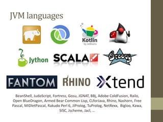BeanShell, JudoScript, Fortress, Gosu, JGNAT, BBj, Adobe ColdFusion, Railo,
Open BlueDragon, Armed Bear Common Lisp, CLforJava, Rhino, Nashorn, Free
Pascal, MIDletPascal, Rakudo Perl 6, JIProlog, TuProlog, NetRexx, Bigloo, Kawa,
SISC, Jscheme, Jacl, …
JVM languages
 