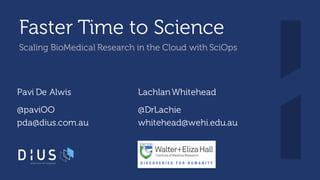Faster Time to Science
Scaling BioMedical Research in the Cloud with SciOps
Pavi De Alwis LachlanWhitehead
@paviOO
pda@dius.com.au
@DrLachie
whitehead@wehi.edu.au
 