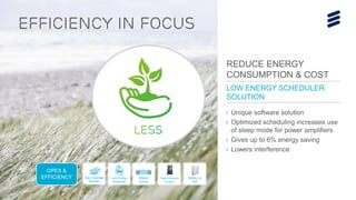 Faster to 5G | 15-02-2017
› Unique software solution
› Optimized scheduling increases use
of sleep mode for power amplifiers
› Gives up to 6% energy saving
› Lowers interference
Efficiency in FOCUS
REDUCE ENERGY
CONSUMPTION & COST
NEW
IN App Coverage
Booster
Low Energy
Scheduler
Shared
Carrier
Tower Company
Portfolio
Battery on
Rail
OPEX &
EFFICIENCY
LOW ENERGY SCHEDULER
SOLUTION
 