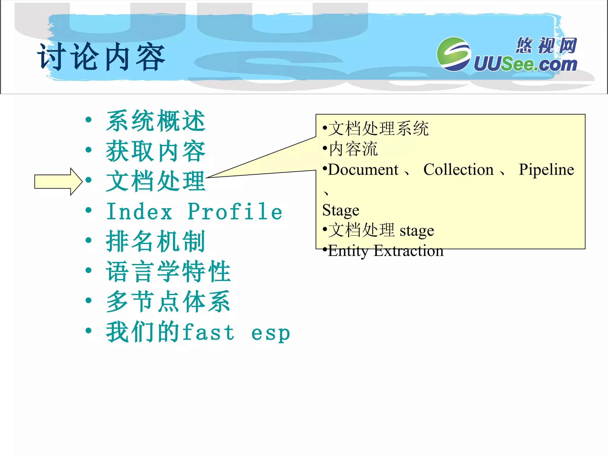 系统概述 获取内容 文档处理 Index Profile 排名机制 语言学特性 多节点体系 我们的 fast  esp 讨论内容 文档处理系统 内容流 Document 、 Collection 、 Pipeline 、  Stage 文档处理 stage Entity Extraction 