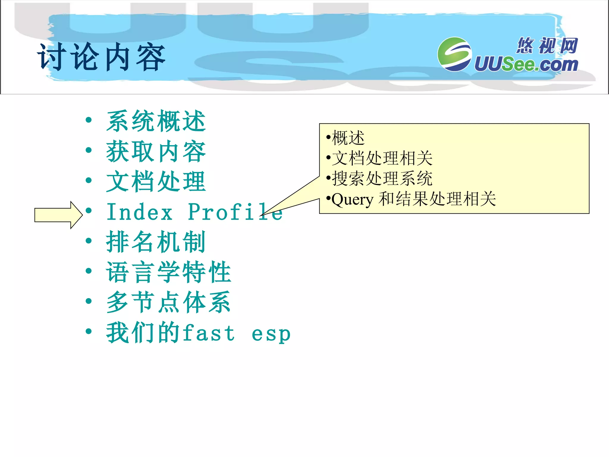 系统概述 获取内容 文档处理 Index Profile 排名机制 语言学特性 多节点体系 我们的 fast  esp 讨论内容 概述 文档处理相关 搜索处理系统 Query 和结果处理相关 