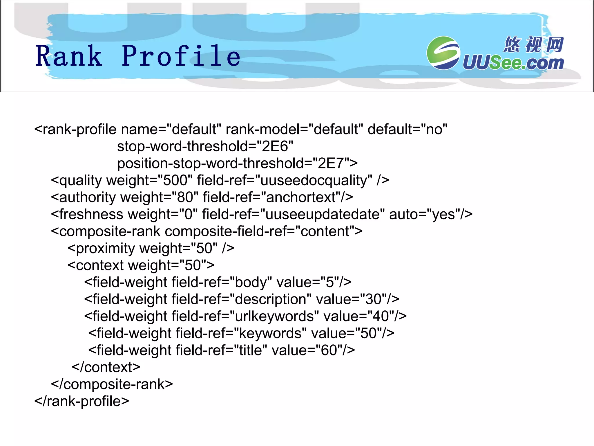Rank Profile <rank-profile name="default" rank-model="default" default="no"  stop-word-threshold="2E6"  position-stop-word-threshold="2E7">  <quality weight="500" field-ref="uuseedocquality" />  <authority weight="80" field-ref="anchortext"/>  <freshness weight="0" field-ref="uuseeupdatedate" auto="yes"/> <composite-rank composite-field-ref="content">  <proximity weight="50" />  <context weight="50">  <field-weight field-ref="body" value="5"/>  <field-weight field-ref="description" value="30"/> <field-weight field-ref="urlkeywords" value="40"/>  <field-weight field-ref="keywords" value="50"/>  <field-weight field-ref="title" value="60"/>  </context>  </composite-rank>  </rank-profile>  