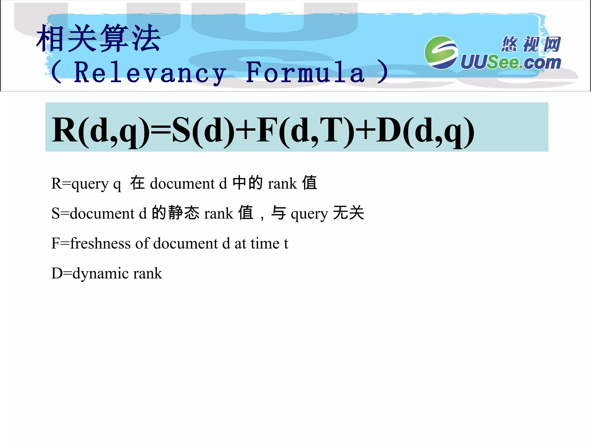 相关算法 （ Relevancy Formula ） R(d,q)=S(d)+F(d,T)+D(d,q) R=query q  在 document d 中的 rank 值 S=document d 的静态 rank 值，与 query 无关 F=freshness of document d at time t D=dynamic rank 