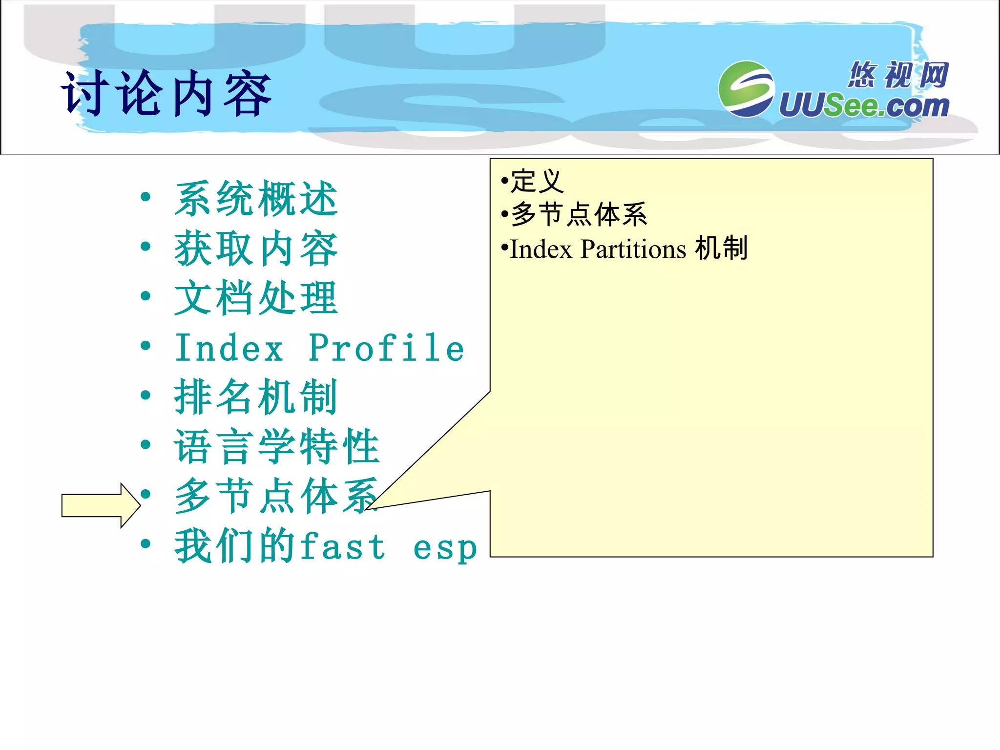 系统概述 获取内容 文档处理 Index Profile 排名机制 语言学特性 多节点体系 我们的 fast  esp 讨论内容 定义 多节点体系 Index Partitions 机制 