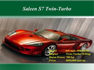 Saleen S7 Twin-Turbo
Speed             248 mph (399 km/h)
Engine            Twin Turbo V8 Eng.
Horse Power  750 hp
Price  ...