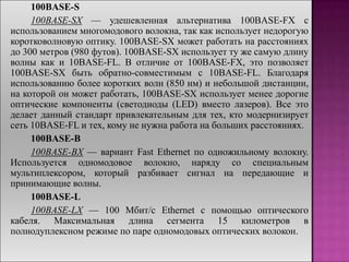 100BASE-S
100BASE-SX — удешевленная альтернатива 100BASE-FX с
использованием многомодового волокна, так как использует недорогую
коротковолновую оптику. 100BASE-SX может работать на расстояниях
до 300 метров (980 футов). 100BASE-SX использует ту же самую длину
волны как и 10BASE-FL. В отличие от 100BASE-FX, это позволяет
100BASE-SX быть обратно-совместимым с 10BASE-FL. Благодаря
использованию более коротких волн (850 нм) и небольшой дистанции,
на которой он может работать, 100BASE-SX использует менее дорогие
оптические компоненты (светодиоды (LED) вместо лазеров). Все это
делает данный стандарт привлекательным для тех, кто модернизирует
сеть 10BASE-FL и тех, кому не нужна работа на больших расстояниях.
100BASE-B
100BASE-BX — вариант Fast Ethernet по одножильному волокну.
Используется одномодовое волокно, наряду со специальным
мультиплексором, который разбивает сигнал на передающие и
принимающие волны.
100BASE-L
100BASE-LX — 100 Мбит/с Ethernet с помощью оптического
кабеля. Максимальная длина сегмента 15 километров в
полнодуплексном режиме по паре одномодовых оптических волокон.
 