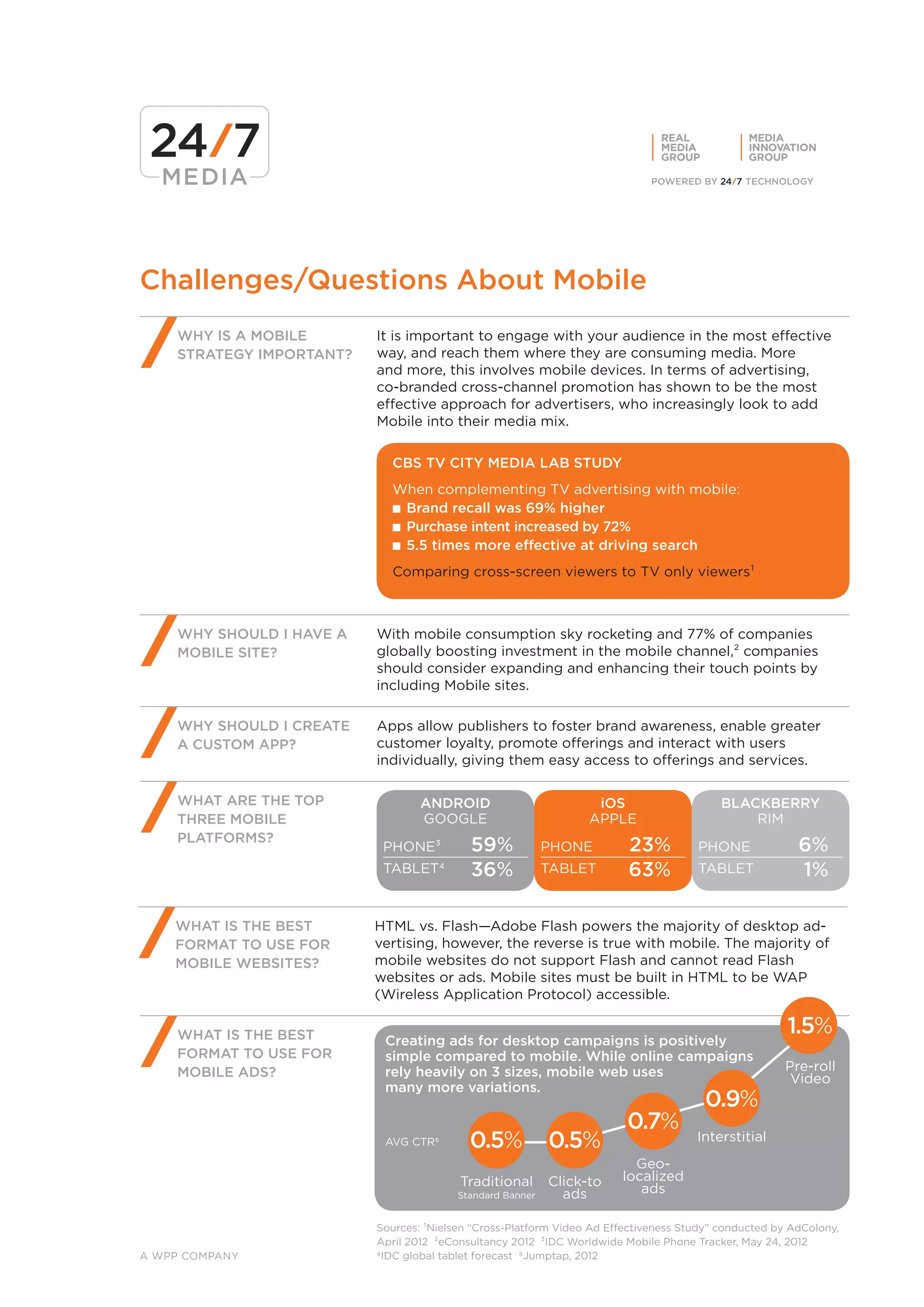 REAL             MEDIA
                                                                              MEDIA            INNOVATION
                                                                              GROUP            GROUP




Challenges/Questions About Mobile
    WHY IS A MOBILE       It is important to engage with your audience in the most effective
    STRATEGY IMPORTANT?   way, and reach them where they are consuming media. More
                          and more, this involves mobile devices. In terms of advertising,
                          co-branded cross-channel promotion has shown to be the most
                          effective approach for advertisers, who increasingly look to add
                          Mobile into their media mix.

                            CBS TV CITY MEDIA LAB STUDY
                            When complementing TV advertising with mobile:
                            ■■ Brand recall was 69% higher
                            ■■ Purchase intent increased by 72%
                            ■■ 5.5 times more effective at driving search

                            Comparing cross-screen viewers to TV only viewers¹



    WHY SHOULD I HAVE A   With mobile consumption sky rocketing and 77% of companies
    MOBILE SITE?          globally boosting investment in the mobile channel,² companies
                          should consider expanding and enhancing their touch points by
                          including Mobile sites.

    WHY SHOULD I CREATE   Apps allow publishers to foster brand awareness, enable greater
    A CUSTOM APP?         customer loyalty, promote offerings and interact with users
                          individually, giving them easy access to offerings and services.

    WHAT ARE THE TOP              ANDROID                         iOS                     BLACKBERRY
    THREE MOBILE                  GOOGLE                         APPLE                        RIM
    PLATFORMS?
                           PHONE³	         59%             PHONE	       23%          PHONE	             6%
                           TABLET4	        36%             TABLET	      63%          TABLET	            1%

    WHAT IS THE BEST      HTML vs. Flash—Adobe Flash powers the majority of desktop ad-
    FORMAT TO USE FOR     vertising, however, the reverse is true with mobile. The majority of
    MOBILE WEBSITES?      mobile websites do not support Flash and cannot read Flash
                          websites or ads. Mobile sites must be built in HTML to be WAP
                          (Wireless Application Protocol) accessible.

    WHAT IS THE BEST                                                                                  1.5%
                           Creating ads for desktop campaigns is positively
    FORMAT TO USE FOR      simple compared to mobile. While online campaigns
    MOBILE ADS?            rely heavily on 3 sizes, mobile web uses                                  Pre-roll
                                                                                                      Video
                           many more variations.
                                                                                       0.9%
                                                                        0.7%
                           AVG CTR5        0.5%            0.5%                      Interstitial
                                                                         Geo-
                                         Traditional       Click-to    localized
                                         Standard Banner     ads          ads

                          Sources: ¹Nielsen “Cross-Platform Video Ad Effectiveness Study” conducted by AdColony,
                          April 2012 ²eConsultancy 2012 ³IDC Worldwide Mobile Phone Tracker, May 24, 2012
A WPP COMPANY             4IDC global tablet forecast 5Jumptap, 2012
 