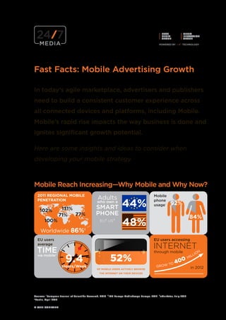 REAL            MEDIA
                                                                                              MEDIA           INNOVATION
                                                                                              GROUP           GROUP




Fast Facts: Mobile Advertising Growth

In today’s agile marketplace, advertisers and publishers
need to build a consistent customer experience across
all connected devices and platforms, including Mobile.
Mobile’s rapid rise impacts the way business is done and
ignites significant growth potential.

Here are some insights and ideas to consider when
developing your mobile strategy.



Mobile Reach Increasing—Why Mobile and Why Now?
  2011 REGIONAL MOBILE                                                                  Mobile
                                               Adults
                                                                 44%
  PENETRATION                                 who own a                                 phone
                                                                                        usage¹       92%
    102%           131%                      SMART
                  71%   77%                  PHONE
                                                                                                                     84%
       100%                                     EU² US³
                                                                 48%
    Worldwide 86%4
 	EU users                                                                              	EU users accessing
 	average
                                                                                        	INTERNET
 		viaIME
   T mobile²                                                                            	through mobile                   N

                                                        52%
                                                                                                                        IO

                       9.4
                    Hours/Week                                                            GROW
                                                                                               TO       400
                                                                                                                    MILL


                                              OF MOBILE USERS ACTIVELY BROWSE
                                                                                                                     in 2012
                                                THE INTERNET ON THEIR DEVICES




Sources: ¹European Journal of Scientific Research, 2010 ²IAB Europe MediaScope Europe, 2012 ³eMarketer, July 2012
4Portia, April 2012


A WPP COMPANY
 