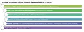 Consolidar un mapa comparativo entre tipos y mentalidades de consumo (romper la idea de generaciones)
Tomar el pulso en la evaluación del nuevo consumidor y generar respuesta a sus necesidades
Detectar y aterrizar oportunidades reales y factibles más allá de las tendencias.
Reconocer los marcos referenciales para conectar a los diferentes consumidores.
Fortalecer y posicionar áreas de marketing e inteligencia de mercados a partir de la obtención y optimización de información nueva y actualizada.
Branding: Reinventarse y generar nuevas preguntas
 