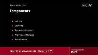 Enterprise Search meets Enterprise CMS
Inspiring people to
share
Apache Solr for TYPO3
Components
Indexing
Searching
Rendering of Results
Analysis and Statistics
Administration
 