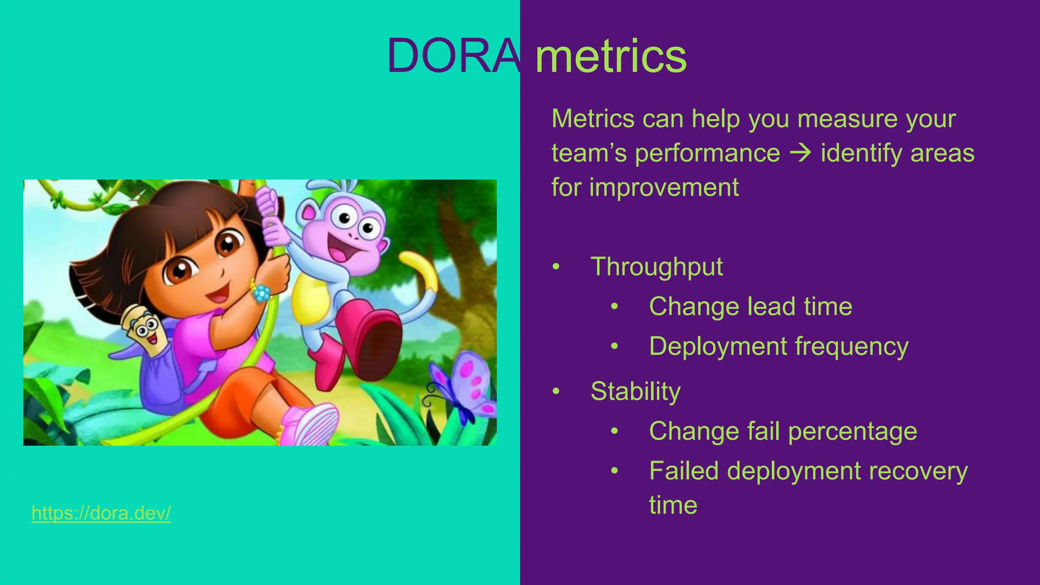 DORA metrics
Metrics can help you measure your
team’s performance  identify areas
for improvement
• Throughput
• Change lead time
• Deployment frequency
• Stability
• Change fail percentage
• Failed deployment recovery
time
https://dora.dev/
 