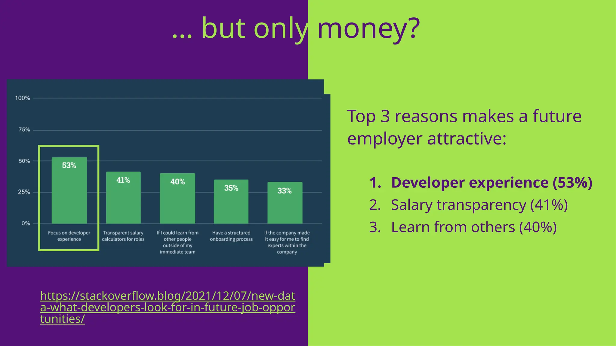 Top 3 reasons makes a future
employer attractive:
1. Developer experience (53%)
2. Salary transparency (41%)
3. Learn from others (40%)
https://stackoverflow.blog/2021/12/07/new-dat
a-what-developers-look-for-in-future-job-oppor
tunities/
… but only money??
 