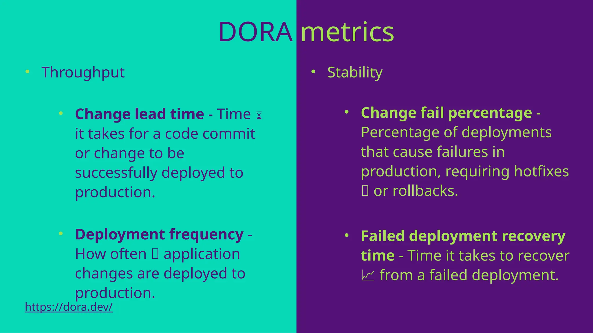 • Throughput
• Change lead time - Time ⌛
it takes for a code commit
or change to be
successfully deployed to
production.
• Deployment frequency -
How often 🔄 application
changes are deployed to
production.
DORA metrics
• Stability
• Change fail percentage -
Percentage of deployments
that cause failures in
production, requiring hotfixes
🚨 or rollbacks.
• Failed deployment recovery
time - Time it takes to recover
from a failed deployment.
📈
https://dora.dev/
 