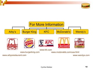 For More Information
     Arby’s       Burger King         KFC           McDonald’s     Wendy’s




                                    www.kfc.com
                 www.burgerking.com            www.mcdonalds.com/usa.html
www.arbysrestaurant.com                                           www.wendys.com




                                   Cynthia Webber                           12
 