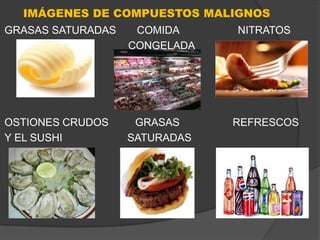 IMÁGENES DE COMPUESTOS MALIGNOS
GRASAS SATURADAS  COMIDA     NITRATOS
                 CONGELADA




OSTIONES CRUDOS    GRASAS     REFRESCOS
Y EL SUSHI        SATURADAS
 