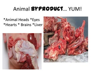 Animal byproduct… YUM!
*Animal Heads *Eyes
*Hearts * Brains *Liver