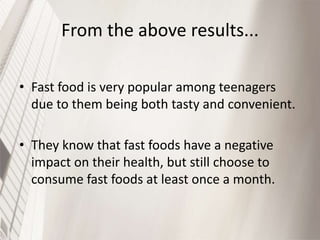 From the above results...
• Fast food is very popular among teenagers
due to them being both tasty and convenient.
• They know that fast foods have a negative
impact on their health, but still choose to
consume fast foods at least once a month.

 