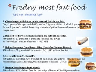 *
Top 5 most dangerous food:
1. Cheeseburger with bacon on the network Jack in the Box.
Only 1 gram of fiber per useful 400 calories, 23 grams of fat - of which 8 grams of saturated
fat and 1 gram of trans fat. Processing contents of grilled bacon and increase the risk of this
burger more
2. Double beef burrito with cheese from the network Taco Bell.
460 calories, 20 grams fat, 7 grams are saturated fat, as well
as "horrendous" amount of sodium - 1620 Mill
3. Roll with sausage from Burger King (Breakfast Sausage Biscuit)
420 calories, 27 grams fat (15 - saturated fat), 1090 sodium, low fat.
4. McDouble from McDonald's
390 calories, more than 43% from fat, 65 milligrams cholesterol - 42% more than the
recommended daily allowance, 920 milligrams of sodium - 38% of the daily norm.
5. Bacon Cheeseburger from Wendy
310 calories, 46% of them from fat, two strips of bacon, 670 milligrams sodium.
 