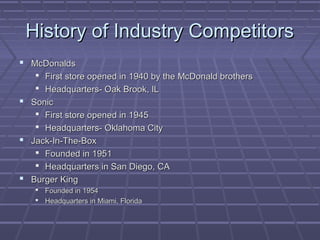History of Industry CompetitorsHistory of Industry Competitors
 McDonaldsMcDonalds
 First store opened in 1940 by the McDonald brothersFirst store opened in 1940 by the McDonald brothers
 Headquarters- Oak Brook, ILHeadquarters- Oak Brook, IL
 SonicSonic
 First store opened in 1945First store opened in 1945
 Headquarters- Oklahoma CityHeadquarters- Oklahoma City
 Jack-In-The-BoxJack-In-The-Box
 Founded in 1951Founded in 1951
 Headquarters in San Diego, CAHeadquarters in San Diego, CA
 Burger KingBurger King
 Founded in 1954Founded in 1954
 Headquarters in Miami, FloridaHeadquarters in Miami, Florida
 