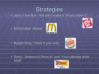 StrategiesStrategies
• Jack in the Box- “We don’t make it ‘till you order it.”Jack in the Box- “We don’t make it ‘till you order it.”
• McDonalds- Global.McDonalds- Global.
• Burger King- “Have it your way.”Burger King- “Have it your way.”
• Sonic- “America’s Drive-In” and “Your ultimate drinkSonic- “America’s Drive-In” and “Your ultimate drink
stop!”stop!”
 