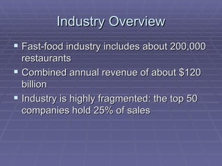 Industry Overview Fast-food industry includes about 200,000 restaurants Combined annual revenue of about $120 billion Industry is highly fragmented: the top 50 companies hold 25% of sales 