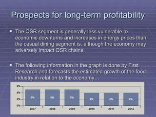 Prospects for long-term profitability The QSR segment is generally less vulnerable to economic downturns and increases in energy prices than the casual dining segment is, although the economy may adversely impact QSR chains. The following information in the graph is done by First Research and forecasts the estimated growth of the food industry in relation to the economy… 