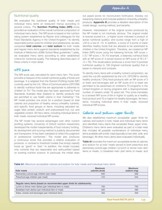 Fast Food FACTS 2013	 103
Appendix A
Nutritional quality
We evaluated the nutritional quality of kids’ meals and
individual menu items on restaurant menus according to
several criteria. The Nutrition Profiling Index (NPI) score
provided an evaluation of the overall nutritional composition of
individual menu items. The NPI score is based on the nutrition
rating system established by Rayner and colleagues for the
Food Standards Agency in the United Kingdom.3
To identify
reasonable portion sizes for children and adolescents, we also
compared total calories and total sodium for kids’ meals
and regular menu items against standards established by the
Institute of Medicine’s (IOM) School Meal guidelines.4
Lastly,
we evaluated menu items according to other established
criteria for nutritional quality. The following describes each of
these criteria in more detail.
NPI score
The NPI score was calculated for each menu item. The score
provides a measure of the overall nutritional quality of foods and
beverage. It is adapted from the Nutrient Profiling model (NP)
currently used by the U.K. Office of Communications (OFCOM)
to identify nutritious foods that are appropriate to advertise to
children on TV.5
The model also has been approved by Food
Standards Australia New Zealand to identify products that
are permitted to use health claims in their marketing.6
The
NP model provides one score for a product based on total
calories and proportion of healthy versus unhealthy nutrients,
and specific food groups or items, including saturated fat,
sugar, fiber, protein, sodium, and unprocessed fruit, nut, and
vegetable content. All menu items, including individual items in
kids’ meals, received individual NPI scores.
The NP model has several advantages over other nutrient
profiling systems. University of Oxford nutrition researchers
developed the model independently of food industry funding.
Its development and scoring method is publicly documented
and transparent. It has been validated to reflect the judgment
of professional nutritionists.7
The model also produces
a continuous score that provides a relative evaluation of
products, in contrast to threshold models that simply classify
foods as “good” or “bad.” In addition, the model includes
only nutrients that are reasonable and well-justified based
on existing nutrition science. In particular, the model does
not award points for micronutrient fortification, thereby not
rewarding vitamins and minerals added to inherently unhealthy
products. Appendix B provides a detailed description of the
model design, scoring method, and benefits.
However, interpretation of the original scores produced by
the NP model is not intuitively obvious. The original model
is reverse scored (i.e., a higher score indicates a product of
worse nutritional quality), and scores range from a high of
+34 to a low of –15. In addition, a score of 3 points or lower
identifies healthy foods that are allowed to be advertised to
children in the United Kingdom. Therefore, we created an NP
Index (NPI) score using the following formula: NPI score =
(–2) * NP score + 70. For example, a relatively nutritious food
with an NP score of -3 would receive an NPI score of 76 (-2 *
-3 + 70). This recalculation produces a score from 0 (poorest
nutritional quality) to 100 (highest nutritional quality) that is
easier to interpret and compare.
To identify menu items with a healthy nutrient composition, we
used the cut-offs established by the U.K. OFCOM to identify
healthy products.8
Only food products with an NP score of 3
or lower and beverages with an NP score of 0 or lower are
permitted to be advertised on children’s TV programs in the
United Kingdom or during programs with a disproportionate
number of viewers under 16 years old. This score translates
to a revised NPI score of 64 or higher to qualify as a healthy
food product and 70 or higher for healthy beverages. All menu
items, including individual items in kids' meals, received
individual NPI scores.
Calorie and sodium upper limits
We also established maximum acceptable upper limits for
calories and sodium in kids’ meals and individual menu items
and identified menu items that exceeded these upper limits.
Children’s menu items were evaluated as part of a total meal
that included all possible combinations of individual menu
items available with a kids’ meal (typically a main dish, side, and
beverage). All other menu items were evaluated individually.
Table A1 provides the maximum acceptable levels of calories
and sodium for a) kids’ meals served to both preschool and
elementary school-age children; b) lunch or dinner main dish
items or meals; c) breakfast main dish items or meals; and
		 Maximum	Maximum
Kids’ meals		 calories (kcal)	 sodium (mg)
Elementary school-age children (per meal)	 650	 636
Preschool-age children (per meal)	 410	 544
Regular menu items (based on recommended upper limits for adolescents)
Lunch or dinner main dishes (per individual item or meal)	 700	 720
Breakfast main dishes (per individual item or meal)	 500	 480
Sides, snacks and beverages (per individual item)	 350	 340
Table A1. Maximum acceptable calories and sodium for kids’ meals and individual menu items
 