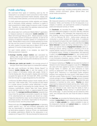 Fast Food FACTS 2013	 110
Mobile advertising
We examined three types of marketing used by the 18
restaurants in our analysis to reach consumers on their mobile
devices: restaurant-sponsored mobile websites, display ads
on third-party mobile websites, and smart phone applications.
For both restaurant-sponsored mobile websites and display
ads on third-party mobile websites, comScore is unable to
track smartphone or tablet usage for persons under 18 years
old. Therefore, our data reflect the websites visited and ads
viewed by users 18 years and older.
We utilized data from comScore’s Mobile Metrix34
application
to measure exposure to restaurants’ mobile websites from
March 2012 through February 2013. Mobile websites include
special mobile versions of restaurant websites, as well as full
versions of restaurant websites viewed on a smartphone or
tablet. Mobile Metrix tracks a list of mobile websites four times
per day over the course of a month. At the time of collection,
we were unable to access data prior to March 2012, so we
gathered 12 months of data starting from that point.
For each mobile website in our analysis, we report the
following exposure measures:
■	 Average monthly unique visitors was calculated by
adding total unique visitors reported each quarter from
March 2012 through February 2013 divided by four (for four
quarters).
■	 Minutes per visitor per month is the average amount of
time per month that a visitor spent on a restaurant’s website.
We also used comScore’s Ad Metrix Mobile Report35
to
measure mobile display ads, or ads that appear at the
top or bottom of third-party mobile web pages. Similar to
internet display ads, they are graphic display ads (commonly
accepted file types are GIF, Animated GIF, JPEG, and PNG)
that click through to a page designated by the advertiser.
comScore’s Ad Metrix Mobile product tracks display ads on
more than 1,000 mobile URLs. This includes all sites linked
to a mobile service provider’s portal (effectively a carrier-
specific home page for accessing the mobile internet). The
company automatically collects data from these defined
portal websites every six hours, or approximately120 times
per month. The average monthly ad instance measures how
many times the application encounters a specific ad. Copies
of the advertisements are captured and stored as a static
image and classified four ways: by the company that owns the
advertised product, the division responsible for the product,
the product brand, and the product itself.
Restaurants also offer smartphone applications, or operating
system specific (e.g., iOS and Android) applications that
may be downloaded to smartphones and tablets and act
as stand-alone programs. Using an iPhone, we downloaded
all available applications offered by the restaurants in our
analysis as of August 2013. We documented the features and
capabilities of each app, including ordering ability, restaurant
locators, nutrition information, games, special offers, and
social media connections.
Social media
We measured presence on three popular social media sites:
Facebook, Twitter, and YouTube, for the 18 restaurants in our
analysis. In addition, we examined the content of Facebook
posts and restaurant activity on Twitter.
On Facebook, we recorded the number of likes for each
fast food restaurant’s page(s) in July 2013. We also collected
Facebook posts, or the messages that restaurants post on
their timelines, during a three-month period from December
1, 2012 to February 28, 2013. Using screen captures we
conducted a content analysis of these posts. A codebook
was developed and good inter-rater reliability was established
prior to final coding of posts. Two coders identified the menu
items featured in posts (including individual items, lines of
items, and special menus); engagement devices used (i.e.,
showing a picture, asking a question, providing a link to an
outside website, linking to a restaurant’s own website, linking
to Facebook events, contests, or sweepstakes, and watching
a video); and child-targeted content (i.e., any content which
spoke directly to a child, featured a kids’ meal, animation,
or any third-party characters, games, movies, TV shows, or
celebrities that would appeal to children).
To measure marketing on Twitter, we recorded the number of
followers for all of restaurants’ page(s) in July 2013. Followers
are users who have agreed to receive a restaurant’s tweets
through Twitter. In addition, we used Twitonomy to track
activity on restaurants’ main Twitter accounts from March to
August 2013. Twitonomy is a web-based Twitter analytics
program that analyzes the most recent 3,200 tweets of any
user with a public Twitter account.36
Twitter activities analyzed
include average number of tweets per day, percent of tweets
that were replies to users, and proportion of tweets that were
retweeted or favorited by other users. Replies are direct
responses by restaurants to tweets sent by other Twitter users.
Retweets are restaurant tweets that users have re-posted for
their own followers to see. Users have the ability to mark a
tweet as a favorite, thereby saving it in special section on
their profile page. A user’s favorites can be viewed by other
users, and indicates that the user finds the tweet of interest
or value.
For YouTube, we recorded the following data as of July 2013:
number of subscribers to each restaurant’s YouTube channel,
number of video uploads (i.e., videos available to view on
the restaurant’s channel), and upload views (i.e., number of
times an uploaded video was viewed).
Appendix A
 