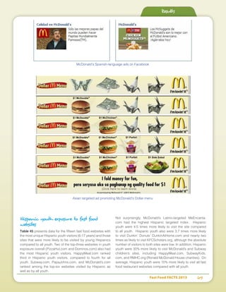 Fast Food FACTS 2013	 69
Results
Asian targeted ad promoting McDonald's Dollar menu
McDonald’s Spanish-language ads on Facebook
Hispanic youth exposure to fast food
websites
Table 45 presents data for the fifteen fast food websites with
the most unique Hispanic youth visitors (6-17 years) and those
sites that were more likely to be visited by young Hispanics
compared to all youth. Two of the top-three websites in youth
exposure overall (PizzaHut.com and Dominos.com) also had
the most Hispanic youth visitors. HappyMeal.com ranked
third in Hispanic youth visitors, compared to fourth for all
youth. Subway.com, PapaJohns.com, and McDonald’s.com
ranked among the top-six websites visited by Hispanic as
well as by all youth.
Not surprisingly, McDonald’s Latino-targeted MeEncanta.
com had the highest Hispanic targeted index. Hispanic
youth were 4.5 times more likely to visit the site compared
to all youth. Hispanic youth also were 3.7 times more likely
to visit Dunkin’ Donuts’ DunkinAtHome.com and nearly two
times as likely to visit KFCScholars.org, although the absolute
number of visitors to both sites were low. In addition, Hispanic
youth were 30% more likely to visit McDonald’s and Subway
children’s sites, including HappyMeal.com, SubwayKids.
com, and RMHC.org (Ronald McDonald House charities). On
average, Hispanic youth were 10% more likely to visit all fast
food restaurant websites compared with all youth.
 