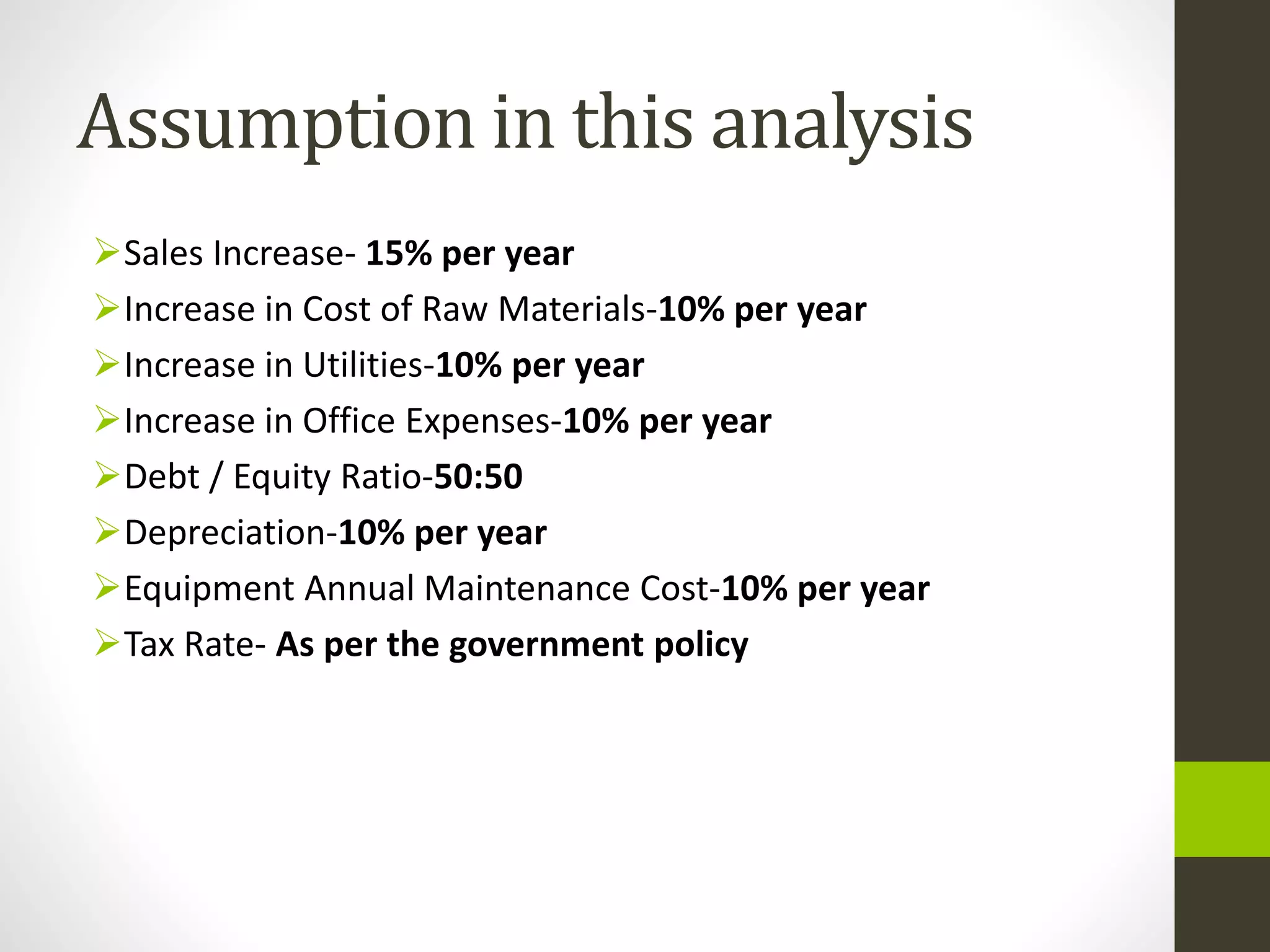 Assumption in this analysis
Sales Increase- 15% per year
Increase in Cost of Raw Materials-10% per year
Increase in Utilities-10% per year
Increase in Office Expenses-10% per year
Debt / Equity Ratio-50:50
Depreciation-10% per year
Equipment Annual Maintenance Cost-10% per year
Tax Rate- As per the government policy
 