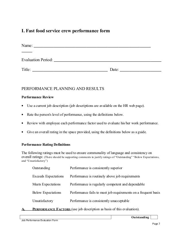 Employee Evaluation Form For Food Service Employee Evaluation Form For Food Service