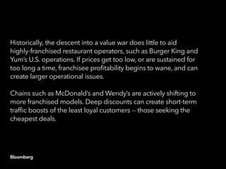 Historically, the descent into a value war does little to aid
highly-franchised restaurant operators, such as Burger King and
Yum’s U.S. operations. If prices get too low, or are sustained for
too long a time, franchisee profitability begins to wane, and can
create larger operational issues.
Chains such as McDonald’s and Wendy’s are actively shifting to
more franchised models. Deep discounts can create short-term
traffic boosts of the least loyal customers -- those seeking the
cheapest deals.
 