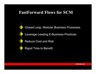 FastForward Flows for SCM


  Closed Loop, Modular Business Processes

  Leverage Leading E-Business Practices

  Reduce Cost and Risk

  Rapid Time to Benefit
 