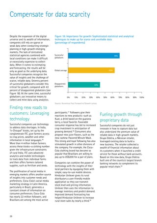 Compensate for data scarcity

Despite the expansion of the digital       Figure 18: Importance for growth: Sophisticated statistical and analytical
universe and its wealth of information,    techniques to make up for scarce and unreliable data
companies still rely on sparse or          (percentage of respondents)
weak data when conducting strategic
planning in high-growth emerging
markets. The lack of centralized
statistical agencies combined with         Successful                                                         70%
local conditions can make it difficult     globalizers
or excessively expensive to collect
data. When it comes to estimating
and forecasting, the results will be
only as good as the underlying data.       Global average                                               63%
Successful companies recognize the
value of insights and the challenge of
scarce, reliable data. Seventy percent
of successful globalizers consider this    Disappointed
                                                                                       43%
critical for growth, compared with 43      globalizers
percent of disappointed globalizers (see
Figure 18). At the same time, successful
globalizers use innovative means to                         0%   10%     20%     30%     40%      50%    60%        70%   80%   90%   100%
collect and mine data using analytics.
                                           Source: Accenture Fast Forward to Growth survey

Finding new roads to
customers: Leveraging                      participants.37 Followers give their
                                           reactions to new products—such as                   Fueling growth through
technology                                 Kuat, a drink based on the guarana
                                                                                               proprietary data
                                           berry, a local favorite. Favorable
Successful companies use technology        consumer response has led to increased              Successful companies do not just
to address data shortages. In India,       crop investment in anticipation of                  innovate in how to capture data but
“e-Choupal” kiosks, set up by the          growing demand.38 Consumers also                    also understand the premium value of
conglomerate ITC, give farmers access      propose new juice flavors, such as the              reliable data in high-growth markets.
to crop prices, weather and other          new cashew-flavored Minute Maid.                    Grupo Elektra, a Mexican retailer,
information in local languages.36          This strong and loyal following has also            leveraged existing data to build a
More than 4 million Indian farmers         stimulated growth in other divisions of             new business. The retailer collected a
access these kiosks—a striking number      the company. For example, the Coca-                 wealth of financial information about
given the infrastructure constraints       Cola clothing brand has become so                   its customers when it launched a credit
of rural India. ITC uses advanced          popular that Brazilians are willing to              service for those without bank accounts.
analytics and mobile technologies          pay up to US$200 for a pair of jeans.               Based on this new data, Grupo Elektra
to track data from individual farms                                                            built one of the country’s largest branch
and then offers farmers tailored           Companies can combine the power of                  banking networks to complement its
supplies, such as fertilizer and seeds.    technology with the insights of their               popular retail chain.40
                                           local partners by equipping them with
The proliferation of social media in       simple, easy-to-use mobile devices.
emerging markets offers another source     Hindustan Unilever gives its rural
of insights into customer needs and        distributors a user-friendly mobile
preferences. Coca-Cola’s social media      application so they can transmit
marketing strategy in Latin America,       stock level and pricing information.
particularly in Brazil, generates a        Unilever then uses the information to
constant stream of information on          manage inventory and predict demand.
consumer preferences. Coca-Cola            Improved demand forecasting has
has nearly 22 million followers, and       helped Hindustan Unilever to increase
Brazilians are among the most active       rural store sales by nearly a third.39




39
 