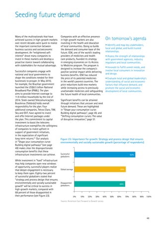 Seeding future demand

Many of the multinationals that have         Companies with an effective presence
achieved success in high-growth markets      in high-growth markets are also                   On tomorrow’s agenda
over recent decades were quick to realize    investing in the health and education
the important connection between             of local communities. Doing so builds             • Identify and map key stakeholders,
business success and socioeconomic           the demand and consumer base of the               local and global, and build trusted
development. An “enlightened self-           future. GSK, one of the world’s leading           relationships.
interest” drove many companies to            providers of medicines and health                 • Assess the strength of relationships
invest in these markets and develop a        care products, founded its strategy               with government agencies, industry
proactive stance toward collaborating        in emerging economies on its Access               regulators and local communities.
with stakeholders for mutual advantage.      to Medicine program. The program is
                                                                                               • Innovate to fulfill unmet needs, and
                                             designed to increase the company’s
Successful companies engage with                                                               involve local consumers in innovation
                                             positive societal impact while delivering
national and local governments to                                                              and design.
                                             business benefits. GSK has reduced
shape the conditions needed for their        the price of its patented medicines               • Evaluate local and global leadership’s
businesses to prosper. In May 2010,          in the world’s poorest countries. The             understanding of social and economic
for example, the Brazilian government        price reductions build new markets                factors that influence demand, and
launched the US$8.5 billion National         while increasing access to previously             promote the social and economic
Broadband Plan (PNBL). The plan              unattainable medicines and safeguarding           development of local communities.
aims to provide Internet coverage to         the future health of local communities.
11.9 million households by the end of
2014. State-owned Telecomunicações           Significant benefits can be attained
Brasileiras (Telebrás) holds overall         through initiatives that uncover and seed
responsibility for the plan. Four            future demand. These are highlighted
additional companies, Telcos Claro, TIM,     in “Shape your consumption curve:
Sky and GVT, have agreed to invest           Building digital pathways”, page 49, and
and offer Internet packages under            “Shifting consumption curves: The value
the plan. This commitment to capital         of disruptive innovation,” page 51.
investment to boost the telecoms
infrastructure exemplifies the willingness
of companies to invest upfront in
support of government initiatives,
in the expectation of significant
long-term returns.61 Our analysis            Figure 23: Importance for growth: Strategy and process design that ensures
in “Shape your consumption curve:            environmentally and socially sustainable growth (percentage of respondents)
Building digital pathways” (see page
49) makes clear the disproportionate
consumption benefits that these
infrastructure investments can achieve.      Successful                                                                  82%
                                             globalizers
While investment in “hard” infrastructure
may help companies open new windows
of opportunity, successful players realize
that deeper engagement is necessary          Global average                                                  69%
to keep them open. Eighty-two percent
of successful globalizers stated that
“strategy and process design that ensures
environmentally and socially sustainable     Disappointed
                                                                                                            68%
growth” will be critical to success in       globalizers
high-growth markets, compared with
68 percent of those disappointed in
their performance (see Figure 23).                            0%   10%     20%     30%     40%     50%    60%      70%    80%   90%     100%

                                             Source: Accenture Fast Forward to Growth survey




                                                                                                                                          48
 