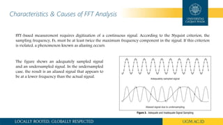 Characteristics & Causes of FFT Analysis
FFT-based measurement requires digitization of a continuous signal. According to the Nyquist criterion, the
sampling frequency, Fs, must be at least twice the maximum frequency component in the signal. If this criterion
is violated, a phenomenon known as aliasing occurs.
The figure shows an adequately sampled signal
and an undersampled signal. In the undersampled
case, the result is an aliased signal that appears to
be at a lower frequency than the actual signal.
 
