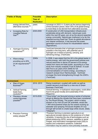 Fields of Study                 Possible      Description
                                Year of
                                Realisation
      energy derived from       years         converge on 2023 +/- 5 years as the serious beginning
      alternative sources.284                 of this transition period, when 30% of all global energy
                                              is most likely to be derived from alternative sources.
      Increasing Role for       2030-2050     If construction of LNG transportation infrastructure
      Liquefied Natural                       accelerates along with demand, natural gas could,
      Gas285                                  within the next 50 years, join oil as the second essential
                                              energy commodity. Natural gas (methane) is by far the
                                              cleanest-burning fossil fuel. Given its global abundance
                                              and cleaner emissions, it has become the power
                                              generation source of choice for industrialised nations
                                              (SigmaScan).
      Hydrogen Economy          2033          TechCast forecasts that a hydrogen economy is
      established286                          possible in the long term, with potential use of
                                              hydrogen as a means of storing, carrying, and
                                              delivering energy. (TechCast)

      Wave energy               2040s         In 2008, it was stated that the UK is the global leader in
      providing up to 20%                     marine energy, with both the government policies and
                                              natural resources to derive 20 percent of its energy
      of UK requirements287                   needs from wave and tidal power, according to a new
      288
         .                                    study from industry analysts Frost & Sullivan. It could
                                              take five to six years (from 2008) for full
                                              commercialisation of marine energy, according to
                                              research analyst Gouri Nambudripad. TechCast
                                              envisage this trend strengthening through the 2040‘s.
                                              (TechCast)
Environment
      Rise of Green             2010- 2015    Rising investment, coupled with public as well as
      Business289                             market demand could lead to a new era of Green
                                              Business (TechCast)
      Vertical Farming          2015+         Vertical farming, in hydroponic skyscrapers, could allow
      leads food                              food to be grown locally and sustainably (Time
      revolution290                           Magazine)
      Planetary climate         2015-2035     "Cloud ships" are favoured among a series of schemes
      control becomes                         aimed at altering the climate that have been considered
      possible291                             by The Royal Society. The project, which is being
                                              worked on by rival US and UK scientists, would see
                                              1,900 wind-powered ships ply the oceans sucking up
                                              seawater and spraying minuscule droplets of it out
                                              through tall funnels to create large white clouds. (Daily
                                              Telegraph)
      Precision Farming         2016          ―Precision farming or precision agriculture is an
      widely adopted 292                      agricultural concept relying on the existence of in-field
                                              variability. It requires the use of technologies such as
                                              global positioning (GPS), sensors, satellites or aerial
                                              images, and information management tools (GIS) to
                                              assess and understand variations. Collected
                                              information may be used to more precisely evaluate

                                                                                              109
 