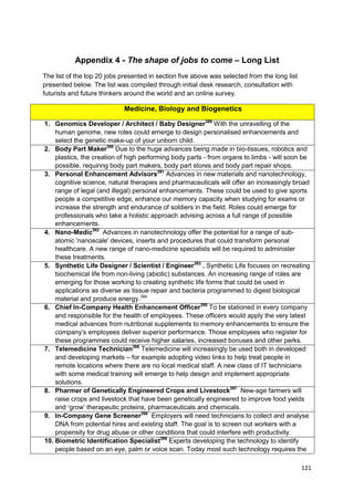 Appendix 4 - The shape of jobs to come – Long List
The list of the top 20 jobs presented in section five above was selected from the long list
presented below. The list was compiled through initial desk research, consultation with
futurists and future thinkers around the world and an online survey.

                             Medicine, Biology and Biogenetics

1. Genomics Developer / Architect / Baby Designer389 With the unravelling of the
    human genome, new roles could emerge to design personalised enhancements and
    select the genetic make-up of your unborn child.
2. Body Part Maker390 Due to the huge advances being made in bio-tissues, robotics and
    plastics, the creation of high performing body parts - from organs to limbs - will soon be
    possible, requiring body part makers, body part stores and body part repair shops.
3. Personal Enhancement Advisors391 Advances in new materials and nanotechnology,
    cognitive science, natural therapies and pharmaceuticals will offer an increasingly broad
    range of legal (and illegal) personal enhancements. These could be used to give sports
    people a competitive edge, enhance our memory capacity when studying for exams or
    increase the strength and endurance of soldiers in the field. Roles could emerge for
    professionals who take a holistic approach advising across a full range of possible
    enhancements.
4. Nano-Medic392 Advances in nanotechnology offer the potential for a range of sub-
    atomic 'nanoscale' devices, inserts and procedures that could transform personal
    healthcare. A new range of nano-medicine specialists will be required to administer
    these treatments.
5. Synthetic Life Designer / Scientist / Engineer393 . Synthetic Life focuses on recreating
    biochemical life from non-living (abiotic) substances. An increasing range of roles are
    emerging for those working to creating synthetic life forms that could be used in
    applications as diverse as tissue repair and bacteria programmed to digest biological
    material and produce energy.394
6. Chief In-Company Health Enhancement Officer395 To be stationed in every company
    and responsible for the health of employees. These officers would apply the very latest
    medical advances from nutritional supplements to memory enhancements to ensure the
    company‘s employees deliver superior performance. Those employees who register for
    these programmes could receive higher salaries, increased bonuses and other perks.
7. Telemedicine Technician396 Telemedicine will increasingly be used both in developed
    and developing markets – for example adopting video links to help treat people in
    remote locations where there are no local medical staff. A new class of IT technicians
    with some medical training will emerge to help design and implement appropriate
    solutions.
8. Pharmer of Genetically Engineered Crops and Livestock397 New-age farmers will
    raise crops and livestock that have been genetically engineered to improve food yields
    and ‗grow‘ therapeutic proteins, pharmaceuticals and chemicals.
9. In-Company Gene Screener398 Employers will need technicians to collect and analyse
    DNA from potential hires and existing staff. The goal is to screen out workers with a
    propensity for drug abuse or other conditions that could interfere with productivity.
10. Biometric Identification Specialist399 Experts developing the technology to identify
    people based on an eye, palm or voice scan. Today most such technology requires the

                                                                                              121
 